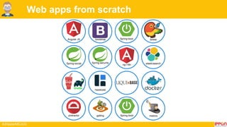 #JHipsterMCJUG
Web apps from scratch
Elastic
search
ng-i18n
Angular JS
bower
bootstrap bower
Spring-social Spring-security
ng-i18n elasticsearch
hazelcast
protractor gatling Spring-boot metrics
Spring-boot
 