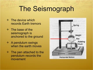 The Seismograph The device which records Earth tremors The base of the seismograph is anchored to the ground A pendulum swings when the earth moves The pen attached to the pendulum records the movement 