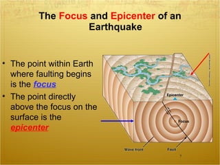 The  Focus  and  Epicenter  of an Earthquake The point within Earth where faulting begins is the  focus The point directly above the focus on the surface is the  epicenter 