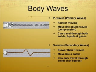Body Waves P- waves (Primary Waves) Fastest moving Move like sound waves (compression) Can travel through both solids, liquids & gases S-waves (Secondary Waves) Slower than P-waves Move like a snake Can only travel through solids (not liquids) 