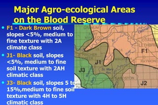 Major Agro-ecological Areas
on the Blood Reserve
• F1 - Dark Brown soil,
slopes <5%, medium to
fine texture with 2A
climate class
• J1- Black soil, slopes
<5%, medium to fine
soil texture with 2AH
climatic class
• J3- Black soil, slopes 5 to
15%,medium to fine soil
texture with 4H to 5H
climatic class
 