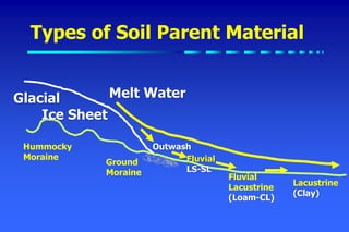 Glacial
Ice Sheet
Hummocky
Moraine
Ground
Moraine
Outwash
Fluvial
Lacustrine
(Loam-CL)
Lacustrine
(Clay)
Melt Water
Fluvial
LS-SL
Types of Soil Parent Material
 