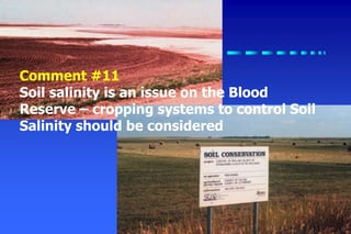 A
Carmangay
Site
Comment #11
Soil salinity is an issue on the Blood
Reserve – cropping systems to control Soil
Salinity should be considered
 