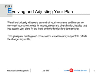 E volving and Adjusting Your Plan We will work closely with you to ensure that your investments and finances not only meet your current needs for income, growth and diversification, but also take into account your plans for the future and your family’s long-term security. Through regular meetings and conversations we will ensure your portfolio reflects the changes in your life. STEP 5 