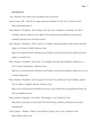 Page 7
REFERENCES
(n.d.). Retrieved from http://www.columbiarecords.com/artists/
Android Apps APK - Find the best apps, games & download for free! (n.d.). Retrieved from
https://androidappsapk.co/
Music Business Worldwide. (2018, January 02). Ron Perry confirmed as Chairman & CEO of
Columbia Records. Retrieved from https://www.musicbusinessworldwide.com/ron-perry-
confirmed-chairman-ceo-columbia-records/
Music Business Worldwide. (2018, April 02). Columbia Records promotes Justin Eshak and Imran
Majid to Co-Heads of A&R. Retrieved from
https://www.musicbusinessworldwide.com/columbia-records-promotes-justin-eshak-and-imran-
majid-to-co-heads-of-ar/
Music Business Worldwide. (2018, June 13). Columbia Records hires Shahendra Ohneswere as
SVP, Content Development. Retrieved from
https://www.musicbusinessworldwide.com/columbia-records-hires-shahendra-ohneswere-as-svp-
content-development/
Music Business Worldwide. (2018, August 20). Kanye West collaborator Noah Goldstein named
SVP of A&R at Columbia Records. Retrieved from
https://www.musicbusinessworldwide.com/kanye-west-collaborator-noah-goldstein-named-svp-
of-ar-at-columbia-records/
Music Industry Production: Sony Music Entertainment. (n.d.). Retrieved from
https://lpelin.expressions.syr.edu/trf235/2016/02/24/music-industry-production-sony-music-
entertainment/
Yahoo Finance - Business Finance, Stock Market, Quotes, News. (n.d.). Retrieved from
https://finance.yahoo.com/
 