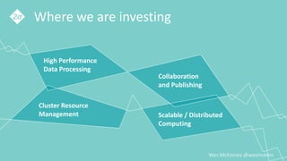 Wes McKinney @wesmckinn
Where we are investing
Collaboration
and Publishing
Cluster Resource
Management Scalable / Distributed
Computing
High Performance
Data Processing
 