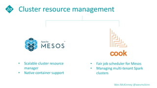 Wes McKinney @wesmckinn
Cluster resource management
• Scalable cluster resource
manager
• Native container support
• Fair job scheduler for Mesos
• Managing multi-tenant Spark
clusters
cook
 