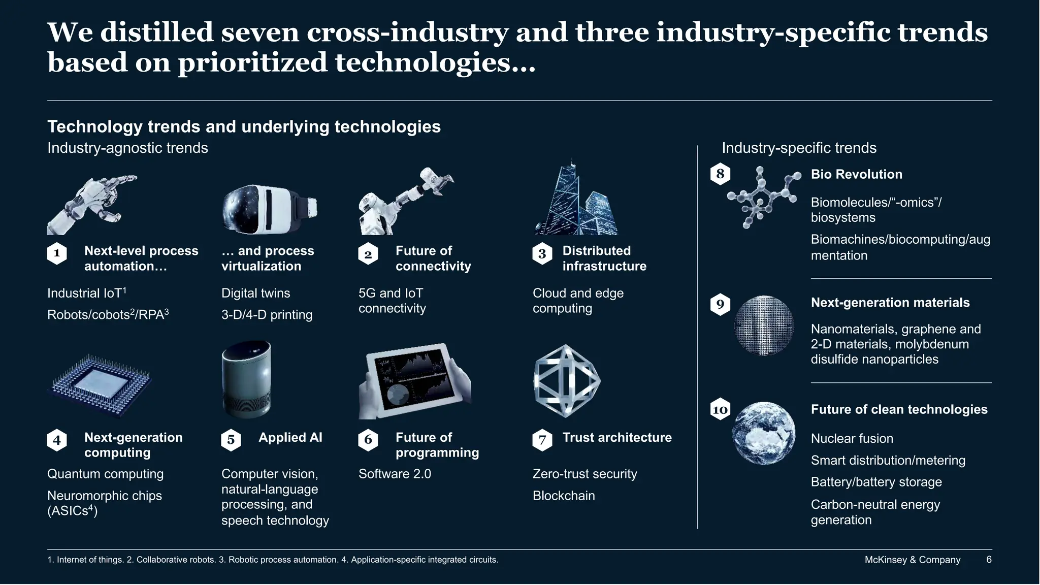 McKinsey & Company 6
1. Internet of things. 2. Collaborative robots. 3. Robotic process automation. 4. Application-specific integrated circuits.
Industry-specific trends
1 Next-level process
automation…
… and process
virtualization
2 Future of
connectivity
3 Distributed
infrastructure
Industrial IoT1
Robots/cobots2/RPA3
Digital twins
3-D/4-D printing
5G and IoT
connectivity
Cloud and edge
computing
4 5 6 7
Next-generation
computing
Applied AI Future of
programming
Trust architecture
Software 2.0
Quantum computing
Neuromorphic chips
(ASICs4
)
Zero-trust security
Blockchain
Industry-agnostic trends
Computer vision,
natural-language
processing, and
speech technology
Technology trends and underlying technologies
Biomolecules/“-omics”/
biosystems
Biomachines/biocomputing/aug
mentation
Future of clean technologies
Nuclear fusion
Smart distribution/metering
Battery/battery storage
Carbon-neutral energy
generation
Bio Revolution
8
Next-generation materials
Nanomaterials, graphene and
2-D materials, molybdenum
disulfide nanoparticles
9
10
We distilled seven cross-industry and three industry-specific trends
based on prioritized technologies…
 
