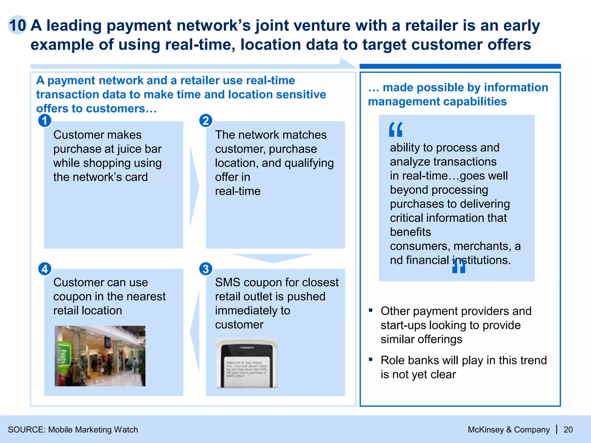 McKinsey & Company | 20
A leading payment network’s joint venture with a retailer is an early
example of using real-time, location data to target customer offers
SOURCE: Mobile Marketing Watch
A payment network and a retailer use real-time
transaction data to make time and location sensitive
offers to customers…
… made possible by information
management capabilities
ability to process and
analyze transactions
in real-time…goes well
beyond processing
purchases to delivering
critical information that
benefits
consumers, merchants, a
nd financial institutions.
▪ Other payment providers and
start-ups looking to provide
similar offerings
▪ Role banks will play in this trend
is not yet clear
SMS coupon for closest
retail outlet is pushed
immediately to
customer
Customer makes
purchase at juice bar
while shopping using
the network’s card
Customer can use
coupon in the nearest
retail location
The network matches
customer, purchase
location, and qualifying
offer in
real-time
1 2
4 3
10
 