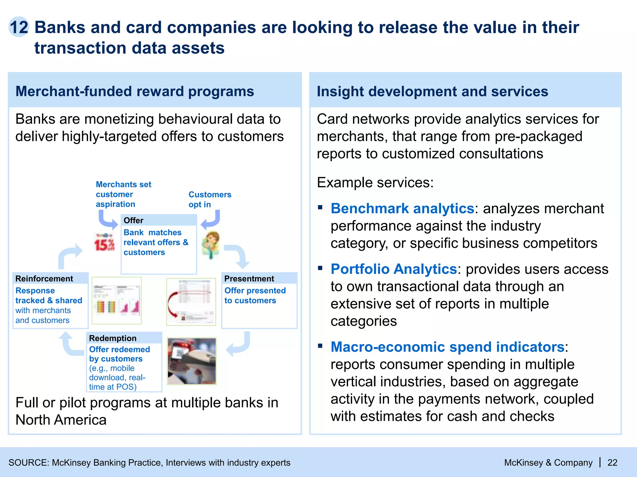 McKinsey & Company | 22
Banks and card companies are looking to release the value in their
transaction data assets
Merchant-funded reward programs
Banks are monetizing behavioural data to
deliver highly-targeted offers to customers
Insight development and services
Card networks provide analytics services for
merchants, that range from pre-packaged
reports to customized consultations
Customers
opt in
Offer
Bank matches
relevant offers &
customers
Offer
Bank matches
relevant offers &
customers
Reinforcement
Response
tracked & shared
with merchants
and customers
Reinforcement
Response
tracked & shared
with merchants
and customers
Redemption
Offer redeemed
by customers
(e.g., mobile
download, real-
time at POS)
Merchants set
customer
aspiration
Presentment
Offer presented
to customers
Presentment
Offer presented
to customers
Full or pilot programs at multiple banks in
North America
Example services:
▪ Benchmark analytics: analyzes merchant
performance against the industry
category, or specific business competitors
▪ Portfolio Analytics: provides users access
to own transactional data through an
extensive set of reports in multiple
categories
▪ Macro-economic spend indicators:
reports consumer spending in multiple
vertical industries, based on aggregate
activity in the payments network, coupled
with estimates for cash and checks
12
SOURCE: McKinsey Banking Practice, Interviews with industry experts
 