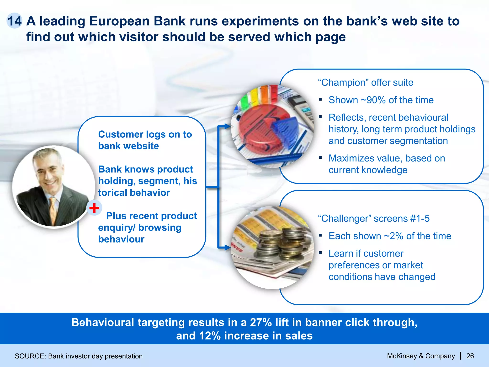 McKinsey & Company | 26
A leading European Bank runs experiments on the bank’s web site to
find out which visitor should be served which page
14
Customer logs on to
bank website
Bank knows product
holding, segment, his
torical behavior
Plus recent product
enquiry/ browsing
behaviour
“Champion” offer suite
▪ Shown ~90% of the time
▪ Reflects, recent behavioural
history, long term product holdings
and customer segmentation
▪ Maximizes value, based on
current knowledge
“Challenger” screens #1-5
▪ Each shown ~2% of the time
▪ Learn if customer
preferences or market
conditions have changed
SOURCE: Bank investor day presentation
+
Behavioural targeting results in a 27% lift in banner click through,
and 12% increase in sales
 