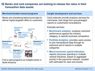McKinsey & Company | 22
Banks and card companies are looking to release the value in their
transaction data assets
Merchant-funded reward programs
Banks are monetizing behavioural data to
deliver highly-targeted offers to customers
Insight development and services
Card networks provide analytics services for
merchants, that range from pre-packaged
reports to customized consultations
Customers
opt in
Offer
Bank matches
relevant offers &
customers
Offer
Bank matches
relevant offers &
customers
Reinforcement
Response
tracked & shared
with merchants
and customers
Reinforcement
Response
tracked & shared
with merchants
and customers
Redemption
Offer redeemed
by customers
(e.g., mobile
download, real-
time at POS)
Merchants set
customer
aspiration
Presentment
Offer presented
to customers
Presentment
Offer presented
to customers
Full or pilot programs at multiple banks in
North America
Example services:
▪ Benchmark analytics: analyzes merchant
performance against the industry
category, or specific business competitors
▪ Portfolio Analytics: provides users access
to own transactional data through an
extensive set of reports in multiple
categories
▪ Macro-economic spend indicators:
reports consumer spending in multiple
vertical industries, based on aggregate
activity in the payments network, coupled
with estimates for cash and checks
12
SOURCE: McKinsey Banking Practice, Interviews with industry experts
 