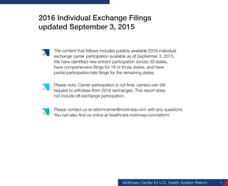 McKinsey Center for U.S. Health System Reform 1
2016 Individual Exchange Filings
updated September 14, 2015
The content that follows includes publicly available 2016 individual
exchange carrier participation available as of September 14, 2015.
We have identified new entrant participation across 41 states,
have comprehensive filings for 20 of those states, and have
partial participation/rate filings for the remaining states.
Please note: Carrier participation is not final; carriers can still
request to withdraw from 2016 exchanges. This report does
not include off-exchange participation.
Please contact us at reformcenter@mckinsey.com with any questions.
You can also find us online at healthcare.mckinsey.com/reform.
 