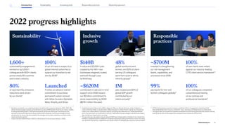 1,600+
sustainability engagements
worked on by 3,500+
colleagues with 600+ clients
across nearly 60 countries
and in every industry
80%
of reported CO2 emissions
reductions were driven
by our clients6
$140B
in value and 20,000+ jobs
created by the 190+ new
businesses imagined, scaled,
and built through Leap
by McKinsey
~$620M
contributed in cash and in-kind
support since 2020 toward
our $2 billion commitment to
social responsibility by 2030
($275+ million this year)
~$700M
invested in strengthening
our risk management
teams, capabilities, and
processes since 2018
99%
pay equity for men and
women colleagues globally9
100%
of our air travel is subject to a
global internal carbon fee to
support our transition to net
zero by 20307
Launched
Frontier, an advance market
commitment to purchase
permanent carbon removal
with fellow founders Alphabet,
Meta, Shopify, and Stripe
48%
global workforce were
women, and 52% of client-
serving US colleagues
were from racial or ethnic
minority groups8
1M
jobs created and 20% of
global GDP growth
contributed by our
clients annually6
100%
of new clients were vetted
against our industry-leading
CITIO client service framework10
100%
of our colleagues completed
comprehensive training
on our policies and
professional standards11
Sustainability Inclusive
growth
Responsible
practices
2022 progress highlights
6
Numbers are based on our ongoing analysis of publicly held companies between 2015–2021. We
assess the percentage of global gross domestic product (GDP) growth driven by our clients, relative
to total global GDP growth. In the same time period, we look at total Scope 1 and Scope 2 CO2
emissions reductions reported by these publicly held companies, and the percentage of those
achieved by our clients. We also establish the average net new jobs created by our publicly held
clients during this period.
7
Carbon fee was implemented in 2022 for official launch on all air travel January 1, 2023.
EMAIL
8
Equal Employment Opportunity (EEO) categories: Black or African American, Asian, Hispanic or
Latino, American Indian or Alaska Native, Native Hawaiian or Other Pacific Islander (not Hispanic or
Latino), Two or More Races. In previous reports, this group was referred to as “underrepresented”
and is now referred to as “racial/ethnic minority.” Race/ethnicity percentages in performance tables
may not add up to figure due to rounding.
9
The pay ratio was calculated using annualized 2022 total compensation of female to non-female firm
members, weighted based on segments including employee grouping and level by country, including
non-partners and partners. Segments with a total number of colleagues less than ten were excluded.
10
CITIO is the framework we use to assess a potential client or engagement consisting of five
interrelated dimensions: Country, Institution, Topic, Individual, and Operational considerations.
11
This figure does not include firm members exempted from the training because they weren’t actively
working at the time of the program (for example, leave of absence, left the firm).
13
2022 ESG Report
Introduction Sustainability Reporting approach
Responsible practices
Inclusive growth PDF COPY
MIRO
 