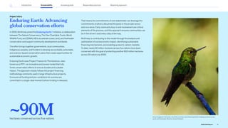 Enduring Earth: Advancing
global conservation efforts
In 2022, McKinsey joined the Enduring Earth initiative, a collaboration
between The Nature Conservancy, The Pew Charitable Trusts, World
Wildlife Fund, and ZOMALAB to accelerate ocean, land, and freshwater
conservation and support community development worldwide.
The effort brings together governments, local communities,
Indigenous peoples, and funders to develop accountable, actionable,
and science-based conservation plans that create opportunities for
sustainable economic growth.
Enduring Earth uses Project Finance for Permanence—also
known as a PFP—an innovative and proven model that fully
funds conservation efforts to ensure durable and scalable
impact. The approach closely follows the project financing
methodology commonly used in large infrastructure projects.
It ensures all funding and pre-conditions for success are
committed in a single-deal moment before funding is released.
That means the commitments of one stakeholder can leverage the
commitments of others, like philanthropists or the private sector,
and vice versa. Early community buy-in and involvement are critical
elements of the process, and this approach ensures communities can
be in the driver’s seat every step of the way.
McKinsey is contributing to this model through the analysis and
optimization of socioeconomic impact, identifying sustainable
financing mechanisms, and enabling access to carbon markets.
To date, nearly 90 million hectares across five nations have been
conserved with the goal of protecting another 600 million hectares
across 20 nations by 2030.
Impact story
A hummingbird in Colombia, one of the countries where Enduring Earth is helping conserve ocean,
lands, and freshwater. ©Jonny James/Unsplash
~90M
hectares conserved across five nations
19
2022 ESG Report
Introduction Sustainability Reporting approach
Responsible practices
Inclusive growth
 