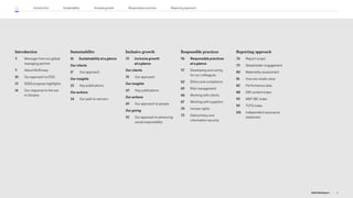 Introduction
3			 Message from our global
managing partner
5			 About McKinsey
10		
Our approach to ESG
13		
2022 progress highlights
14		
Our response to the war
in Ukraine
Sustainability
16 Sustainability at a glance
Our clients
17		
Our approach
Our insights
22		
Key publications
Our actions
24		 Our path to net zero
Inclusive growth
33 Inclusive growth
at a glance
Our clients
35		 Our approach
Our insights
43		
Key publications
Our actions
45		 Our approach to people
Our giving
52		
Our approach to advancing
social responsibility
Responsible practices
56 	Responsible practices
at a glance
57		
Developing and caring
for our colleagues
62		 Ethics and compliance
65		 Risk management
66		
Working with clients
67		
Working with suppliers
70		
Human rights
72		
Data privacy and
information security
Reporting approach
74		
Report scope
75		 Stakeholder engagement
80		 Materiality assessment
81		 How we create value
82		 Performance data
88		 GRI content index
93		 WEF IBC index
95		 TCFD index
101	
Independent assurance
statement
Introduction Sustainability Reporting approach
Responsible practices
Inclusive growth
2
2022 ESG Report
 