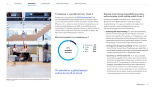 Transitioning to renewable electricity (Scope 2)
As part of our commitment to the RE100 climate group , we
source renewable electricity aligned with RE100 criteria in every
country where it’s currently available. This means we have shifted
97 percent of our total consumed electricity to renewable sources
and aim to reach 100 percent by 2025. Of our 2022 electricity
consumption, 0.5 percent originated in Russia. In light of the war in
Ukraine, we did not procure electricity certificates for Russia. We
have since suspended operations in Russia.
Electricity consumption from renewable sources %
Geothermal 3%
Hydro 12%
Solar 25%
Wind 60%
Reducing travel, driving sustainability in aviation,
and encouraging hybrid working models (Scope 3)
Air travel is the largest component of our carbon footprint
(82 percent of our 2019 baseline for our science-based
targets). Building on the approach adopted during pandemic-
related restrictions, we are reimagining our travel and
making necessary travel more sustainable by:
— Embracing new ways of working: Our teams are implementing
hybrid and remote working models that are more sustainable,
inclusive, and productive. For example, we introduced a new event
planning tool that optimizes travel by identifying the location and
transportation options with the lowest carbon footprint. To ensure
lasting change, we launched two major initiatives in 2022:
• Driving action through accountability: We have designated a
Senior Partner Science-Based Target Leader per region. Each is
accountable for delivering our Scope 3 science-based target and
regularly reports progress to our Acceleration Team.
• Launching an internal carbon fee: As of January 1, 2023,
we introduced a global internal carbon fee on all air travel to
accelerate decarbonization and generate funding for carbon
reduction efforts. The fee allows us to continue investing in
emerging sustainability technologies, like carbon removal
and sustainable aviation fuels, and strengthens colleague
awareness of our environmental footprint and commitments.
The funds will also be used to continue compensating for our
remaining emissions to fund our net-zero transition.
We introduced a global internal
carbon fee on all air travel
McKinsey’s London office, one of several that have received ISO 14001 environmental management
system certification.
97%
renewable
electricity
28
2022 ESG Report
Introduction Sustainability Reporting approach
Responsible practices
Inclusive growth
 
