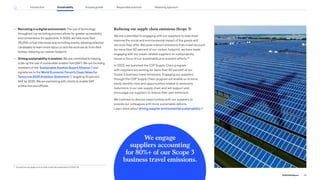 — Recruiting in a digital environment: The use of technology
throughout our recruiting process allows for greater accessibility
and convenience for applicants. In 2022, we held more than
115,000 virtual interviews and recruiting events, allowing potential
candidates to learn more about us and the work we do from their
homes, reducing our carbon footprint.
— Driving sustainability in aviation: We are committed to helping
scale up the use of sustainable aviation fuel (SAF). We are founding
members of the Sustainable Aviation Buyers Alliance and
signatories to the World Economic Forum’s Clean Skies for
Tomorrow 2030 Ambition Statement , targeting 10 percent
SAF by 2030. We are partnering with clients to enable SAF
production and offtake.
Reducing our supply chain emissions (Scope 3)
We are committed to engaging with our suppliers to help them
improve the social and environmental impact of the goods and
services they offer. Because indirect emissions from travel account
for more than 90 percent of our carbon footprint, we have made
engaging with our travel-related suppliers on sustainability
issues a focus of our sustainable procurement efforts.16
In 2022, we launched the CDP Supply Chain program
with suppliers accounting for more than 80 percent of our
Scope 3 business travel emissions. Engaging our suppliers
through the CDP Supply Chain program will enable us to more
easily identify risks and opportunities related to emissions
reductions in our own supply chain and will support and
encourage our suppliers to reduce their own emissions.
We continue to discuss opportunities with our suppliers to
provide our colleagues with more sustainable options.
Learn more about driving supplier environmental sustainability .
We engage
suppliers accounting
for 80%+ of our Scope 3
business travel emissions.
16
Exceptions may apply such as when travel decreased due to COVID-19.
29
2022 ESG Report
Introduction Sustainability Reporting approach
Responsible practices
Inclusive growth
 