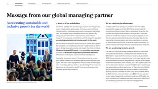 Message from our global managing partner
Accelerating sustainable and
inclusive growth for the world
A letter to all our stakeholders
The events of 2022—the start of a tragic war, food and energy crises,
severe climate events, global supply chain issues, and continuing
market volatility—challenged governments, businesses, and citizens
alike, requiring the world’s immediate and focused attention. As
always, we partnered with our clients and our communities to
respond—remaining ever committed to our firm’s long-term aspiration:
accelerating sustainable and inclusive growth for the world.
We have done the analysis to assess how we are actually doing against
this aspiration. I am incredibly proud of how—together with our clients—
we are driving measurable, society-wide impact. Our clients contribute
20 percent to global GDP growth, create one million jobs per year,
and make up 80 percent of reported CO2 emissions reductions.
While we are excited by this, we are even more motivated by it.
Seeing the measurable impact in the societies where we live and
work is what compels us to accelerate. We are continually raising our
sights, with every client engagement, every day: How can we engage
even more deeply with our clients on decarbonizing? How many more
people can we help reskill or upskill? How can we drive even more
economic growth and innovation?
We are catalyzing decarbonization
In 2022, 3,500 of our colleagues worked on more than 1,600
sustainability engagements with 600 clients across nearly 60
countries and in every industry. We are unashamed to say that this
includes working with heavy emitters—because that’s where the
emissions are. We also continue to make progress against our own
net-zero goals (including the introduction of a carbon fee on all air
travel) while convening leaders and other organizations to embark
on fresh solutions like Frontier, an advance market commitment for
carbon removal, and Catalyst Zero, for calculating carbon footprints.
We are accelerating inclusive growth
Last year, our Leap by McKinsey colleagues helped our clients build
nearly 200 new businesses—creating more than 20,000 jobs and
$140 billion in value. Our 10 Actions toward racial equity, launched in
2020, have accelerated change within our firm and are helping combat
racism worldwide. Among the many advances this year: we’ve engaged
more than 67,000 Black, Asian, Hispanic, and Latino professionals in our
Connected Leaders Academy and published 30 insight pieces through
the newly established McKinsey Institute for Black Economic Mobility.
And, to ensure we are doing what we can to create a more inclusive
economy, we have committed $2 billion to social responsibility efforts
by 2030 and have so far contributed nearly $620 million in cash and
in-kind support toward that commitment (more than $275 million this
year). Individually, our colleagues have spent nearly a half million hours
on volunteering, board service, and pro bono engagements.
Bob (center) speaking to colleagues at a town hall in Poznań, Poland.
3
2022 ESG Report
Introduction Sustainability Reporting approach
Responsible practices
Inclusive growth
 