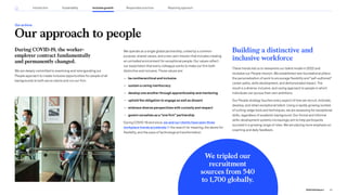 Our approach to people
Our actions
During COVID-19, the worker-
employer contract fundamentally
and permanently changed.
We are deeply committed to examining and reinvigorating our
People approach to create inclusive opportunities for people of all
backgrounds to both serve clients and run our firm.
We operate as a single global partnership, united by a common
purpose, shared values, and a two-part mission that includes creating
an unrivalled environment for exceptional people. Our values reflect
our expectation that every colleague works to make our firm both
distinctive and inclusive. Those values are:
— be nonhierarchical and inclusive
— sustain a caring meritocracy
— develop one another through apprenticeship and mentoring
— uphold the obligation to engage as well as dissent
— embrace diverse perspectives with curiosity and respect
— govern ourselves as a “one firm” partnership
During COVID-19 and since, we and our clients have seen three
workplace trends accelerate : the search for meaning, the desire for
flexibility, and the pace of technological transformation.
Building a distinctive and
inclusive workforce
These trends led us to reexamine our talent model in 2022 and
revitalize our People mission. We established new foundational pillars:
the personalization of work to encourage flexibility and “self-authored”
career paths, skills development, and demonstrated impact. The
result is a diverse, inclusive, and caring approach to people in which
individuals can pursue their own ambitions.
Our People strategy touches every aspect of how we recruit, motivate,
develop, and retain exceptional talent. Using a rapidly growing number
of cutting-edge tools and techniques, we are assessing for exceptional
skills, regardless of academic background. Our formal and informal
skills-development systems increasingly aim to help participants
succeed in a growing range of roles. We are placing more emphasis on
coaching and daily feedback.
We tripled our
recruitment
sources from 540
to 1,700 globally.
45
2022 ESG Report
Introduction Sustainability Inclusive growth Reporting approach
Responsible practices
 