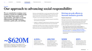 We are committed to creating a more
inclusive economy by enabling people
to meet their basic needs, access
opportunities, and achieve economic
empowerment through access to
essentials, quality jobs, and skilling.
We have committed $2 billion to social responsibility efforts by 2030
and have so far contributed nearly $620 million in cash and in-kind
support toward that commitment (more than $275 million this year).
Through our social responsibility strategy, we seek to:
— drive our social responsibility investments toward at-scale efforts
that increase inclusive growth
— engage our colleagues through giving and volunteering, and support
all colleagues to participate in and serve their local communities
A dedicated committee of senior leaders is responsible for advising on
giving in line with our firmwide Social Responsibility Policy. Regional
and local pro bono work is guided by local committees.
Our approach to advancing social responsibility
Our giving
Driving at-scale efforts to
increase inclusive growth
Fund for Social Good
We support and fund multi-year partnerships with leading institutions
around the world, tackling complex problems and finding creative
solutions that advance and accelerate sustainable and inclusive
growth. Established in 2020, the Fund for Social Good has committed
to multi-year support of diverse projects, including:
— African Agricultural Transformation Initiative (AATI): This
project aims to drive inclusive agricultural transformation in Africa.
Co-founded by partners including the Alliance for a Green
Revolution in Africa , the Bill  Melinda Gates Foundation ,
the International Fund for Agricultural Development (IFAD),
and McKinsey.
4,000+
nonprofits supported
through pro bono
engagements, McKinsey
Gives, and McKinsey Grants
488,500
hours dedicated to social
responsibility through
volunteering, board service,
pro bono engagements, and
fellowships at nonprofits
$28M
contributed to Ukraine
war relief efforts, including
$18 million in donations from
our colleagues and firm to more
than 1,600 organizations and
$10 million in pro bono support
100%
of McKinsey offices in 65+
countries volunteered with
local organizations for our
third annual Day of Service
~$620M
contributed in cash and in-kind support since
2020 toward our $2 billion commitment to social
responsibility by 2030 ($275+ million this year)
52
2022 ESG Report
Introduction Sustainability Inclusive growth Reporting approach
Responsible practices
 