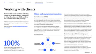 Working with clients
As we seek to create positive, enduring
change in the world, we are committed
to living the values on which our firm
was founded almost 100 years ago.
To that end, we regularly evaluate and update our processes to
systematically identify and manage risk before committing to a
client project.
Read more about our client and engagement selection on
our website .
Client and engagement selection
Internal frameworks (CITIO)
We have policies and guidelines governing what work we will and will not
do. In 2022, we updated our Client Service Policy. This strengthened
and clarified the expectations and responsibilities of partners regarding
client and engagement selection, and enhanced roles for practice and
office leaders in engagement review and approval.
Our Client Service Policy requires that we evaluate the clients we
serve and the likely impacts of our work before committing to any new
client engagement. The policy includes five interrelated dimensions
(referred to as “CITIO”): Country, Institution, Topic, Individual, and
Operational considerations.
Within each of these dimensions, we have defined criteria that our
colleagues must apply when assessing a potential client or engagement
to ensure we consider potential unintended consequences of the work.
Some criteria describe “bright lines”—work we will not perform under
any circumstances—while others require discussion and special
approval, or extra oversight related to scope and delivery.
In the government sector, we do not serve defense, intelligence, justice,
or police institutions in nondemocratic countries (for which we base our
assessment on the Economist Intelligence Unit’s Democracy Index), with
limited exceptions for international aid and humanitarian work approved
by our firm’s risk leadership. We also do not serve political parties, political
advocacy groups, legislatures, or individual legislators’ offices; nor do we
take part in political advocacy or lobbying on behalf of our clients.
Dedicated oversight and decision-making support
Client service matters that require consideration beyond our standard
processes are reviewed by our Client Service Risk team, with a subset
of the most complex cases escalated to a global decision-making
body, the Client Service Risk Committee (CSRC). Composed of
senior firm leaders and supported by risk, legal, and communications
professionals, the CSRC provides advice and makes decisions on the
most complex risks we face in our client service.
This process is designed to ensure we offer transparent and
independent advice and decision-making and uphold our firm’s high
professional standards. For engagements that fail to meet these
standards, the firm declines the work.
Our CITIO dimensions
Country
Institution
Operational
considerations
Topic
Individual
100%
of new clients were vetted against our
industry-leading CITIO framework, which
also guides our approach to engagements
66
2022 ESG Report
Reporting approach
Responsible practices
Introduction Sustainability Inclusive growth
 