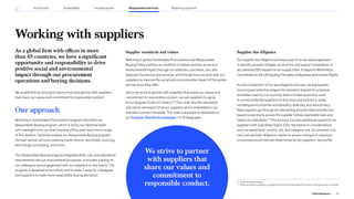 Working with suppliers
As a global firm with offices in more
than 65 countries, we have a significant
opportunity and responsibility to drive
positive social and environmental
impact through our procurement
operations and buying decisions.
We enable this by striving to source from and partner with suppliers
that share our values and commitment to responsible conduct.
Our approach
McKinsey’s Sustainable Procurement program sits within our
Responsible Buying program, which is led by our Optimize team
with oversight from our chief financial officer and input from a range
of firm leaders. Optimize enables our Responsible Buying program
through various services covering travel, events, real estate, sourcing,
technology, purchasing, and more.
The Responsible Buying program integrates ESG, risk, and operations
requirements into our procurement processes. It includes training for
our colleagues and engagement with our suppliers on key topics. The
program is designed to be holistic and to make it easy for colleagues
and suppliers to make more responsible buying decisions.
Supplier standards and values
McKinsey’s global Sustainable Procurement and Responsible
Buying Policy outlines our ambition to deliver positive social and
environmental impact through our selection, purchase, use, and
disposal of products and services, and through how we work with our
suppliers to improve the social and environmental impact of the goods
and services they offer.
Since we strive to partner with suppliers that share our values and
commitment to responsible conduct, we ask suppliers to agree
to our Supplier Code of Conduct.32
This code sets the standards
and values we expect of all our suppliers and is embedded in our
standard contract template. The code is available to download on
our Supplier Standards webpage in 12 languages.
Supplier due diligence
Our supplier due diligence process is part of a risk-based approach
to identify, prevent, mitigate, account for, and support remediation of
any adverse ESG impacts in our supply chain. It supports McKinsey’s
commitmenttotheUNGuidingPrinciplesonBusinessandHumanRights.
As one component of our due diligence process, during supplier
sourcing and selection stages the standard request for proposal
templates used by our sourcing team includes questions used
to screen potential suppliers on practices and policies in areas
including environmental sustainability, diversity, and data privacy.
New suppliers go through an onboarding process that includes risk-
based screening to ensure the supplier follows applicable laws and
meets our standards.33
This process includes additional questions for
suppliers with potentially higher ESG risk based on considerations
such as spend level, country risk, and category risk. Our process is to
carry out periodic diligence checks to assess changes in suppliers’
circumstances at intervals determined by the suppliers’ risk profile.
32
Some exceptions apply.
33
Some exceptions apply (e.g., suppliers for which an alternative third-party vetting process is utilized).
We strive to partner
with suppliers that
share our values and
commitment to
responsible conduct.
67
2022 ESG Report
Reporting approach
Responsible practices
Introduction Sustainability Inclusive growth
 