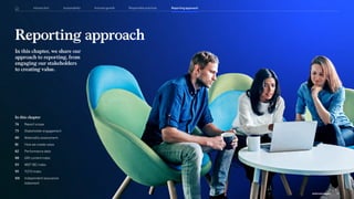 In this chapter, we share our
approach to reporting, from
engaging our stakeholders
to creating value.
Reporting approach
In this chapter
74		
Report scope
75		 Stakeholder engagement
80		 Materiality assessment
81		 How we create value
82		 Performance data
88		 GRI content index
93		 WEF IBC index
95		 TCFD index
101	
Independent assurance
statement
Reporting approach
Responsible practices
Inclusive growth
Introduction Sustainability
73
2022 ESG Report
 