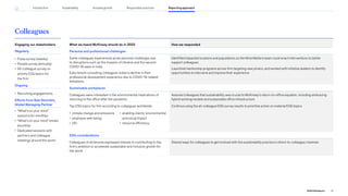 Colleagues
What we heard McKinsey should do in 2022 How we responded
Personal and professional challenges
Some colleagues experienced acute personal challenges due
to disruptions such as the invasion of Ukraine and the second
COVID-19 wave in India
Early tenure consulting colleagues noted a decline in their
professional development experience due to COVID-19-related
limitations
Identified impacted locations and populations so the Mind Matters team could enact interventions to better
support colleagues
Launched mentorship programs across firm targeting new joiners, and worked with initiative leaders to identify
opportunities to intervene and improve their experience
Sustainable workplaces
Colleagues were interested in the environmental implications of
returning to the office after the pandemic
Assured colleagues that sustainability was crucial to McKinsey’s return-to-office equation, including embracing
hybrid working models and sustainable office infrastructure
Top ESG topics for firm according to colleagues worldwide: Continue using the all-colleague ESG survey results to prioritize action on material ESG topics
• climate change and emissions
• employee well-being
• DEI
• enabling clients’ environmental
and social impact
• resource efficiency
ESG considerations
Colleagues of all tenures expressed interest in contributing to the
firm’s ambition to accelerate sustainable and inclusive growth for
the world
Shared ways for colleagues to get involved with the sustainability practice in direct-to-colleague channels
Engaging our stakeholders
Regularly
• Pulse survey (weekly)
• People survey (annually)
• All-colleague survey on
priority ESG topics for
the firm
Ongoing
• Recruiting engagements
Efforts from Bob Sternfels,
Global Managing Partner
• “What’s on your mind”
sessions (bi-monthly)
• “What’s on your mind” emails
(monthly)
• Dedicated sessions with
partners and colleague
meetings around the world
76
2022 ESG Report
Reporting approach
Responsible practices
Introduction Sustainability Inclusive growth
 