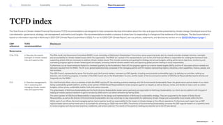 The Task Force on Climate-related Financial Disclosures (TCFD) recommendations are designed to help companies disclose information about the risks and opportunities presented by climate change. Developed around four
core elements—governance, strategy, risk management, and metrics and targets—the recommendations enable a company to show how it is responding to change and the resilience of its strategies. The disclosure below is
based on information reported in McKinsey’s 2021 CDP Climate Report (submitted in 2022). For our full 2021 CDP Climate Report, see our policies, statements, and disclosures section on our 2022 ESG Report page .
CDP
reference
TCFD
recommendation
Disclosure
Governance
C1.1a, C1.1b a. Describe the board’s
oversight of climate-related
risks and opportunities
The Risk, Audit, and Governance Committee (RAGC), a sub-committee of McKinsey’s Shareholders’ Council (our senior governing body, akin to a board), provides strategic direction, oversight,
and accountability for climate-related issues within the organization. The RAGC (or a subset of its representatives such as the chief financial officer) is responsible for creating the framework and
supporting policies that are necessary to address climate-related issues. This includes reviewing and guiding the strategy and annual budgets, setting performance objectives, monitoring and
overseeing progress against climate-related goals and targets, reviewing material climate-related risks, and approving global policies relating to social responsibility.
Furthermore, our air-travel emissions footprint is reviewed quarterly by the Acceleration Team (AT) for progress against our science-based targets (SBTs), and the AT discusses actions needed and
decisions required from the RAGC. The AT is our global leadership body composed of the managing partner and firm leaders representing regions, industries, client capabilities, finance, people, and
risk functions.
The ESG Council, represented by senior firm function and client service leaders, oversees our ESG agenda, including environmental sustainability topics, by defining our priorities, setting our
direction, and monitoring progress. A member of the ESG Council sits on the Shareholders’ Council, and the leader of the Council (senior partner of ESG/Social Responsibility) reports directly and
frequently into the RAGC.
C1.2 b. Describe management’s
role in assessing and
managing climate-related
risks and opportunities
Our chief financial officer, who is a member of both the RAGC and the AT, has standing quarterly meetings with the Environmental Sustainability Team, the global senior partner leader of our client-
facing sustainability growth platform, and the senior partner of ESG/Social Responsibility to review progress against our targets as well as discuss, review, and decide on topics such as carbon
budgets, carbon prices, sustainable aviation fuels, and carbon removals.
The global leader of McKinsey Sustainability and the North America Sustainability leader (senior partners) are responsible for McKinsey Sustainability: our client-service platform with the goal of
helping all industry sectors transform to get to net zero by 2050 and to cut carbon emissions by half by 2030.
The senior partner of ESG/Social Responsibility is responsible for the design and implementation of McKinsey’s sustainability strategy. They are supported by the leader of Global Social
Responsibility, as well as the director of Environmental Sustainability who has overall day-to-day responsibility for addressing climate change and sustainability more broadly within the firm.
Within each of our offices, the local managing partner (senior partner level) has responsibility for the impact of climate change on the office’s operations. Furthermore, each region has an SBT
regional leader (senior partner level) who is accountable for achieving our 2025 near-term SBTs. The director of Environmental Sustainability convenes the SBT regional leaders on a quarterly basis
to review progress and discuss best practices, roadblocks, and actions planned. The results of the quarterly meeting are reported out to the AT (see above).
TCFD index
95
2022 ESG Report
Reporting approach
Responsible practices
Introduction Sustainability Inclusive growth
 