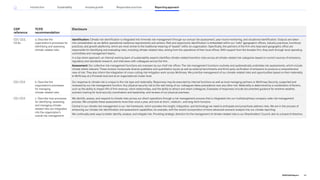 CDP
reference
TCFD
recommendation
Disclosure
C2.1, C2.2,
C2.2a
a. Describe the
organization’s processes for
identifying and assessing
climate-related risks
Identification: Climate risk identification is integrated into firmwide risk management through our annual risk assessment, year-round monitoring, and situational identification. Outputs are taken
into consideration as we define operational resilience requirements and actions. Risk and opportunity identification is embedded within our “cells” (geographic offices, industry practices, functional
practices, and growth platforms), which are most similar to the traditional meaning of “assets” within an organization. Specifically, the partners of the firm who lead each geographic office are
responsible for identifying and evaluating risks, including climate-related risks, arising from the operations of their local offices. With support from the broader firm, they work through local operating
committees and management teams.
In a top-down approach, an internal working team of sustainability experts identifies climate-related transition risks across all climate-related risk categories based on current sources of emissions,
regulatory and standards research, and interviews with colleagues across the firm.
Assessment: Our collective risk management functions are overseen by our chief risk officer. The risk management functions routinely and systematically undertake risk assessments, which include
climate where relevant. These reviews incorporate diverse qualitative and quantitative inputs as well as external benchmarks and third-party verification of emissions to produce a comprehensive
view of risk. They also inform the integration of cross-cutting risk mitigation work across McKinsey. We prioritize management of our climate-related risks and opportunities based on their materiality
to McKinsey at a firmwide level and at an organizational cluster level.
C2.1, C2.2 b. Describe the
organization’s processes
for managing
climate-related risks
Our response to climate risk is unique to the risk type and materiality. Responses may be executed by internal functions as well as local managing partners or McKinsey Security, supported and
reviewed by our risk management function. Any physical security risk to the well-being of our colleagues takes precedence over any other risk. Materiality is determined by a combination of factors,
such as the ability to impact 4% of firm revenue, client relationships, and the ability to attract and retain colleagues. Examples of responses include documented guidance for extreme weather,
scenario training for local security coordinators and leadership, and reviews of our physical premises.
C2.1, C2.2 c. Describe how processes
for identifying, assessing,
and managing climate-
related risks are integrated
into the organization’s
overall risk management
We identify, assess, and respond to climate risks across our direct operations through a risk management process that is integrated into our multidisciplinary company-wide risk management
process. We complete these assessments more than once a year, and look at short-, medium-, and long-term horizons.
Central to our climate risk management is our risk framework, which provides the insight, integration, and technology we need to anticipate and proactively address risks. We are in the process of
enhancing our climate risk identification and assessment capabilities, for example, with the recent incorporation of more advanced scenario analysis into our climate reporting.
We continually seek ways to better identify, analyze, and mitigate risk. Providing strategic direction for the management of climate-related risks is our Shareholders’ Council, akin to a board of directors.
99
2022 ESG Report
Reporting approach
Responsible practices
Introduction Sustainability Inclusive growth
 