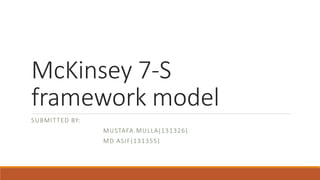 McKinsey 7-S 
framework model 
SUBMITTED BY: 
MUSTAFA.MULLA(131326) 
MD ASIF(131355) 
 