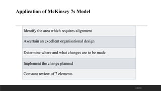 Application of McKinsey 7s Model
2/3/2023
Identify the area which requires alignment
Ascertain an excellent organisational design
Determine where and what changes are to be made
Implement the change planned
Constant review of 7 elements
 