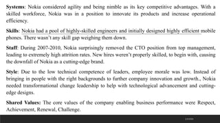 Systems: Nokia considered agility and being nimble as its key competitive advantages. With a
skilled workforce, Nokia was in a position to innovate its products and increase operational
efficiency.
Skills: Nokia had a pool of highly-skilled engineers and initially designed highly efficient mobile
phones. There wasn’t any skill gap weighing them down.
Staff: During 2007-2010, Nokia surprisingly removed the CTO position from top management,
leading to extremely high attrition rates. New hires weren’t properly skilled, to begin with, causing
the downfall of Nokia as a cutting-edge brand.
Style: Due to the low technical competence of leaders, employee morale was low. Instead of
bringing in people with the right backgrounds to further company innovation and growth., Nokia
needed transformational change leadership to help with technological advancement and cutting-
edge designs.
Shared Values: The core values of the company enabling business performance were Respect,
Achievement, Renewal, Challenge.
2/3/2023
 