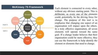 2/3/2023
Each element is connected to every other,
without any obvious starting point. This is
deliberate, as every one of the elements
could, potentially, be the driving force for
change. The purpose of this tool is to
emphasise that changing one aspect of an
organisation will impact upon the others.
In a truly effective organisation, all seven
elements will operate toward the same
goal. If a change leader believes that their
organisation could be more effective, they
can use the framework to help identify the
element or elements that need to change.
 