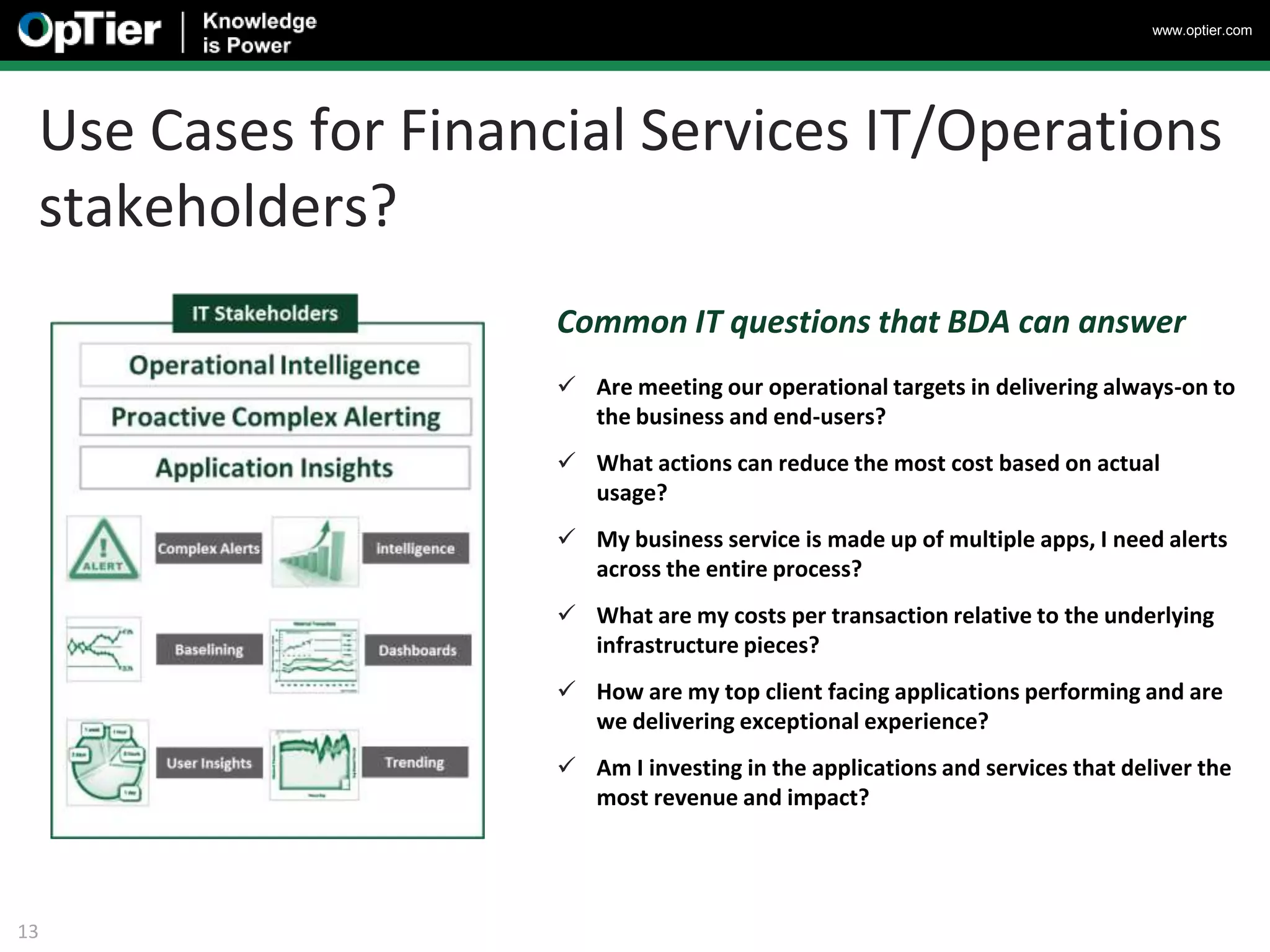 www.optier.com




 Use Cases for Financial Services IT/Operations
 stakeholders?
                     Common IT questions that BDA can answer
                      Are meeting our operational targets in delivering always-on to
                       the business and end-users?
                      What actions can reduce the most cost based on actual
                       usage?
                      My business service is made up of multiple apps, I need alerts
                       across the entire process?
                      What are my costs per transaction relative to the underlying
                       infrastructure pieces?
                      How are my top client facing applications performing and are
                       we delivering exceptional experience?
                      Am I investing in the applications and services that deliver the
                       most revenue and impact?




13
 