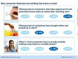 McKinsey & Company
LastModified3/19/20144:21PMEasternStandardTimePrinted
| 2SOURCE: McKinsey iConsumer survey
New consumer behaviors are shifting the future of retail
What percent of consumers who have signed up for text
promotions have taken an action after receiving one?
What percent of consumers have bought online and
picked up in store?
What % of all consumers have or would consider
making a purchase on a mobile phone?
B. 30% C. 40% D. 50%A. 20%
B. 35% C. 45% D. 55%A. 25%
B. 20% D. 50%C. 35%A. 10%
 