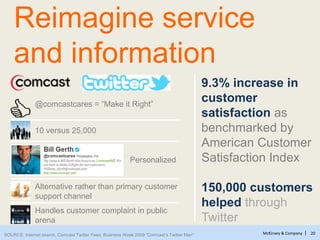 McKinsey & Company | 20
9.3% increase in
customer
satisfaction as
benchmarked by
American Customer
Satisfaction Index
150,000 customers
helped through
Twitter
Personalized
10 versus 25,000
@comcastcares = ―Make it Right‖
Alternative rather than primary customer
support channel
Handles customer complaint in public
arena
SOURCE: Internet search, Comcast Twitter Feed, Business Week 2009 ―Comcast’s Twitter Man‖
Reimagine service
and information
 