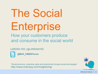 McKinsey & Company | 23
LAREINA YEE | @LAREINAYEE
@McK_CMSOForum
―Social economy: unlocking value and productivity through social technologies‖
http://www.mckinsey.com/insights/mgi
The Social
Enterprise
How your customers produce
and consume in the social world
 