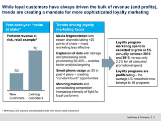 McKinsey & Company | 2
While loyal customers have always driven the bulk of revenue (and profits),
trends are creating a mandate for more sophisticated loyalty marketing
70
30
Existing
customers
New
customers
1 McKinsey CLM practice, consolidated results from across retail subsectors
Media fragmentation with
newer channels taking ~20
points of share – mass
marketing less effective
Explosion of data with storage
and processing costs
plummeting 30-40% – enables
better analysis/targeting
Smart phone usage up 3X in
past 4 years – creating
“constant touch” opportunities
Maturing markets and
consolidating competition –
increasing intensity of fight for
loyal customers
Loyalty program
marketing spend is
expected to grow at 5%
annually between 2010
and 2015, versus only
2.2% for all consumer
promotional spend
Loyalty programs are
proliferating – the
average US household now
belongs to 18 programs
Pertcent revenue at
risk, retail example1
Year-over-year “value
at stake”
Trends driving loyalty
marketing focus
 