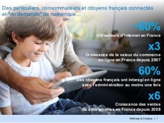 McKinsey & Company | 1
Des particuliers, consommateurs et citoyens français connectés
et "en demande" de numérique…
~80%
Utilisateurs d’Internet en France
x3
Croissance de la valeur du commerce
en ligne en France depuis 2007
x6
Croissance des ventes
de smartphones en France depuis 2008
60%
Des citoyens français ont interagi en ligne
avec l’administration au moins une fois
 