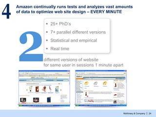 McKinsey & Company | 24
Amazon continually runs tests and analyzes vast amounts
of data to optimize web site design – EVER...