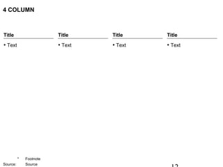 4 COLUMN



Title                    Title    Title    Title

• Text                   • Text   • Text   • Text




          *   Footnote
Source:       Source
 