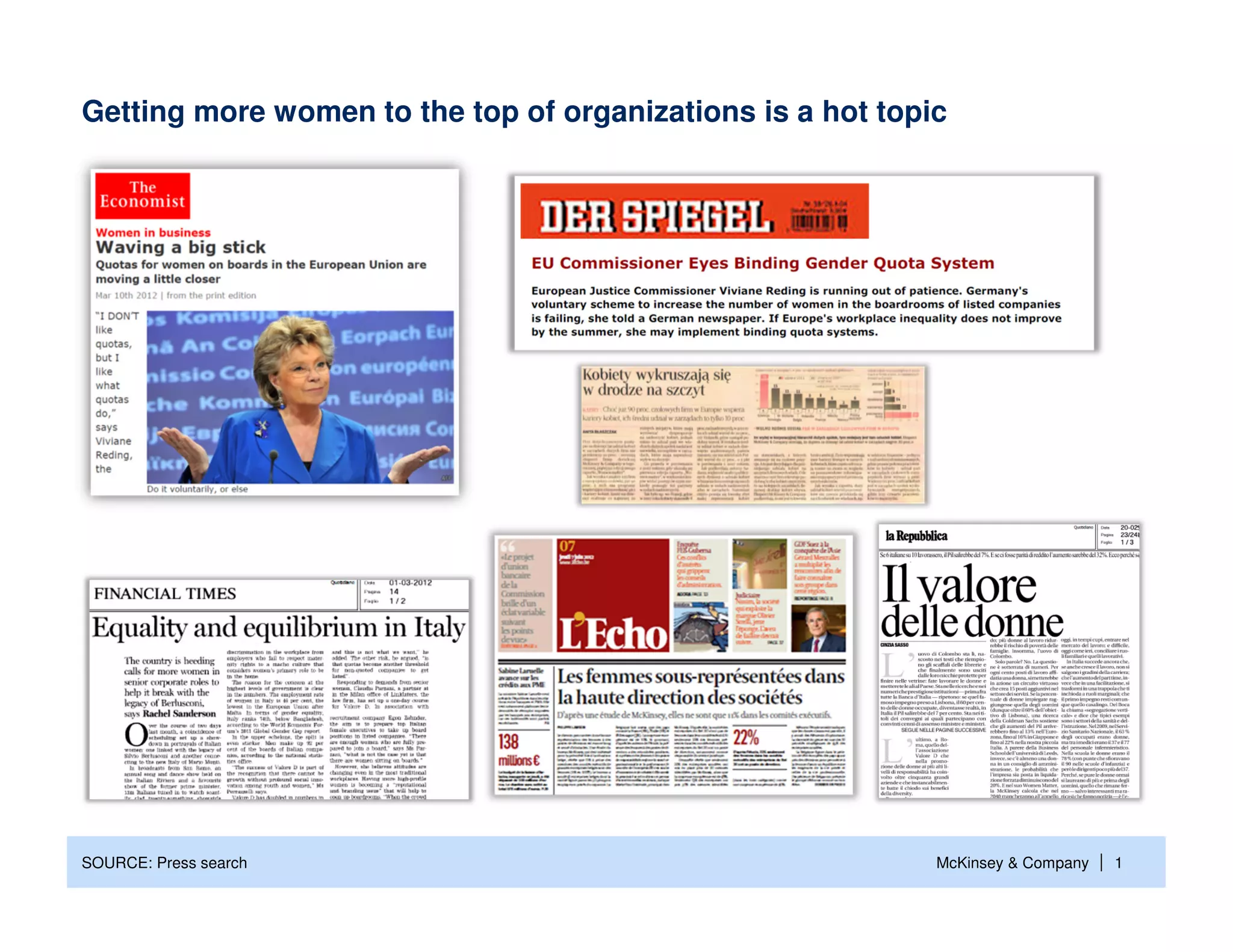 Getting more women to the top of organizations is a hot topic




SOURCE: Press search                                        McKinsey & Company   | 1
 