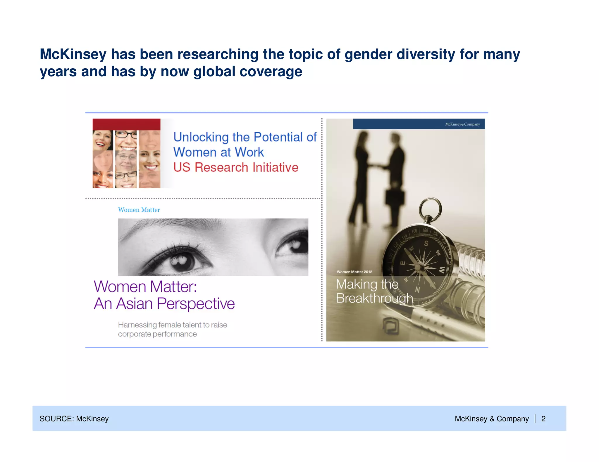 McKinsey has been researching the topic of gender diversity for many
years and has by now global coverage




SOURCE: McKinsey                                          McKinsey & Company   | 2
 