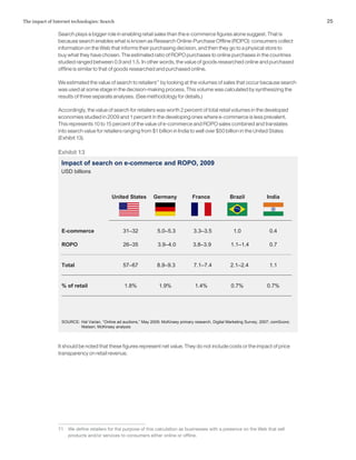 25The impact of Internet technologies: Search
Search plays a bigger role in enabling retail sales than the e‑commerce figures alone suggest. That is
because search enables what is known as Research Online-Purchase Offline (ROPO): consumers collect
information on the Web that informs their purchasing decision, and then they go to a physical store to
buy what they have chosen. The estimated ratio of ROPO purchases to online purchases in the countries
studied ranged between 0.9 and 1.5. In other words, the value of goods researched online and purchased
offline is similar to that of goods researched and purchased online.
We estimated the value of search to retailers71
by looking at the volumes of sales that occur because search
was used at some stage in the decision-making process. This volume was calculated by synthesizing the
results of three separate analyses. (See methodology for details.)
Accordingly, the value of search for retailers was worth 2 percent of total retail volumes in the developed
economies studied in 2009 and 1 percent in the developing ones where e‑commerce is less prevalent.
This represents 10 to 15 percent of the value of e‑commerce and ROPO sales combined and translates
into search value for retailers ranging from $1 billion in India to well over $50 billion in the United States
(Exhibit 13).
It should be noted that these figures represent net value. They do not include costs or the impact of price
transparency on retail revenue.
71	 We define retailers for the purpose of this calculation as businesses with a presence on the Web that sell
products and/or services to consumers either online or offline.
Exhibit 13
Impact of search on e-commerce and ROPO, 2009
USD billions
SOURCE: Hal Varian, “Online ad auctions,” May 2009; McKinsey primary research, Digital Marketing Survey, 2007; comScore;
Nielsen; McKinsey analysis
FranceGermanyUnited States IndiaBrazil
E-commerce 3.3–3.55.0–5.331–32 0.41.0
ROPO 3.8–3.93.9–4.026–35 0.71.1–1.4
Total 7.1–7.48.9–9.357–67 1.12.1–2.4
% of retail 1.4%1.9%1.8% 0.7%0.7%
 