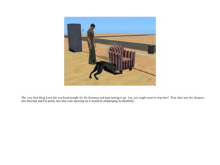 The very first thing Lord did was head straight for the furniture and start tearing it up.  Joe, you might want to stop him?  That chair was the cheapest one they had and I'm pretty sure that even sneezing on it would be challenging its durability.  