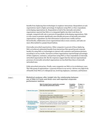 6




            benefits from deploying these technologies in employee interactions. Respondents at such
            organizations report a higher percentage of employees using Web 2.0 than respondents
            at developing organizations do. Respondents at half of the internally networked
            organizations reported that Web 2.0 is integrated tightly into their work flows, for
            example, compared with only 21 percent of respondents at developing organizations. Web
            2.0 also seems to promote significantly more flexible processes at internally networked
            organizations: respondents say that information is shared more readily and less
            hierarchically, collaboration across organizational silos is more common, and tasks are
            more often tackled in a project-based fashion.

            Externally networked organizations. Other companies (5 percent of those deploying
            Web 2.0) achieved substantial benefits from interactions that spread beyond corporate
            borders by using Web 2.0 technologies to interact with customers and business partners,
            according to survey results. Executives at these organizations reported larger percentages
            of their employees, customers, and partners using Web 2.0 than respondents at internally
            networked organizations did. But the responses suggest that the internal organizational
            processes of externally networked organizations are less fluid than those of internally
            MoBT 2010ones.
            networked
            Web 2.0
            Exhibit 3 of 3
            Fully networked enterprises. Finally, some companies use Web 2.0 in revolutionary ways.
            This elite group of organizations—3 percent of those in our survey—derives very high levels
            of benefits from Web 2.0’s widespread use, involving employees, customers, and business



Exhibit 3   Statistical analyses offer insight into the relationship between
            use of Web 2.0 tools and three core self-reported corporate-
            performance metrics.
                                      Web 2.0-related factors signiﬁcantly correlated               Correlation         P-value (less
                                      with corporate-performance metrics                            coefﬁcient          than 0.05 =
                                                                                                    (higher = greater   statistically
                                                                                                    correlation)        signiﬁcant)

            1. Market share gains     Externally networked organization                                  .427              .001

                                      Fully networked organization                                       .344               .019
                                      Organizational collaboration: cooperation across                   .065              .026
                                      organizational silos, more project-based handling of tasks,
                                      less hierarchical information ﬂows, and increased
                                      information sharing

            2. Operating margins   Distributed decision making and work: decision-making power           .075              .029
               compared with those situated lower in corporate hierarchy, more working teams
               of competitors      composed of employees and people outside organization

            3. Market leadership—     Internally networked organization                                  .182              .038
               ie, ﬁrst in industry
               market share           Organizational collaboration (see explanation above)               .077               .011

                                      Externally networked organization                                 –.362              .008
 