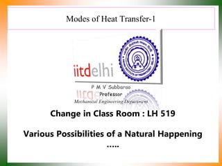 Modes of Heat Transfer-1
P M V Subbarao
Professor
Mechanical Engineering Department
Various Possibilities of a Natural Happening
…..
Change in Class Room : LH 519
 
