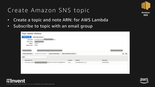 © 2017, Amazon Web Services, Inc. or its Affiliates. All rights reserved.
Create Amazon SNS topic
• Create a topic and not...